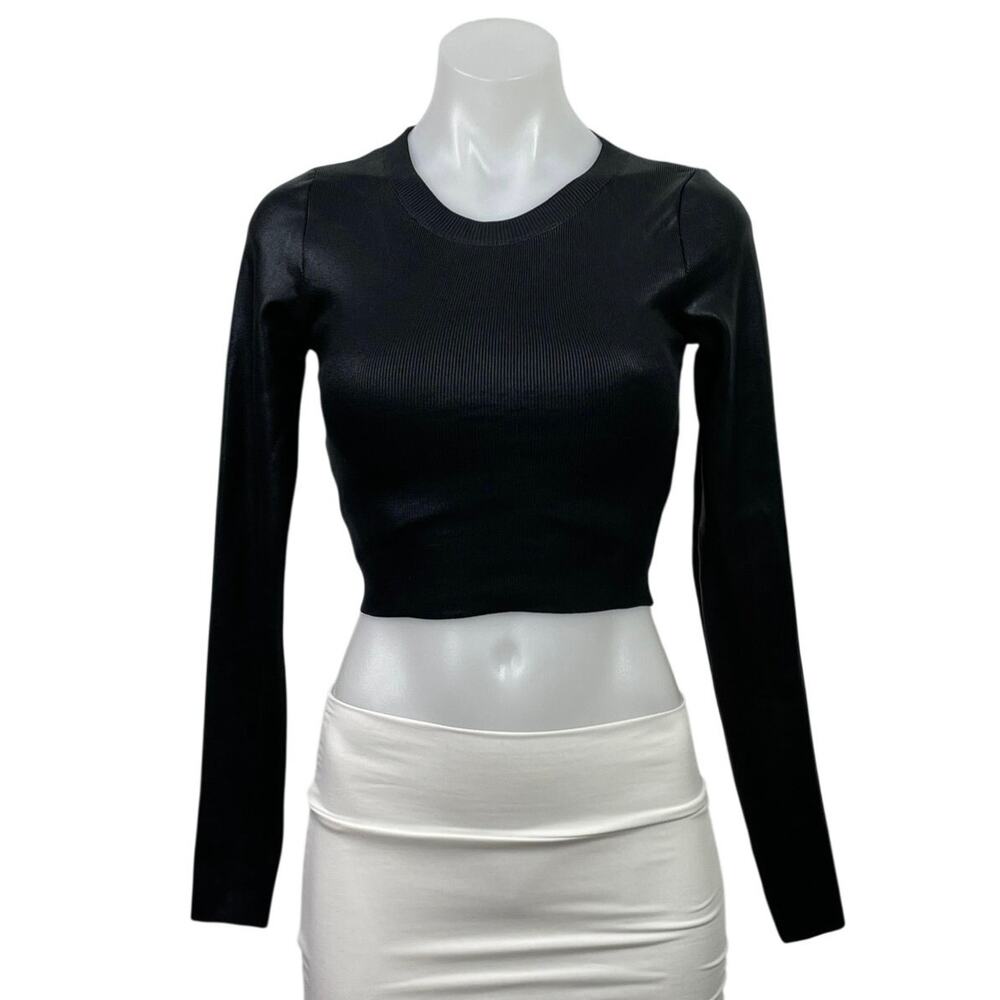 Zara Women's Black Ribbed Knit Sculpt Crew Neck Long Sleeve Crop Top Size XS